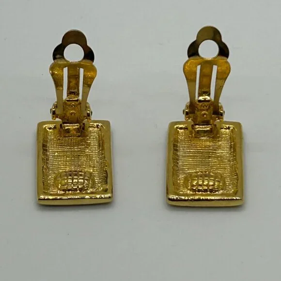 Vintage Gold & Black  Earrings Enamel Greek Key Clip-On 1980s Designer Statement - Picture 14 of 14